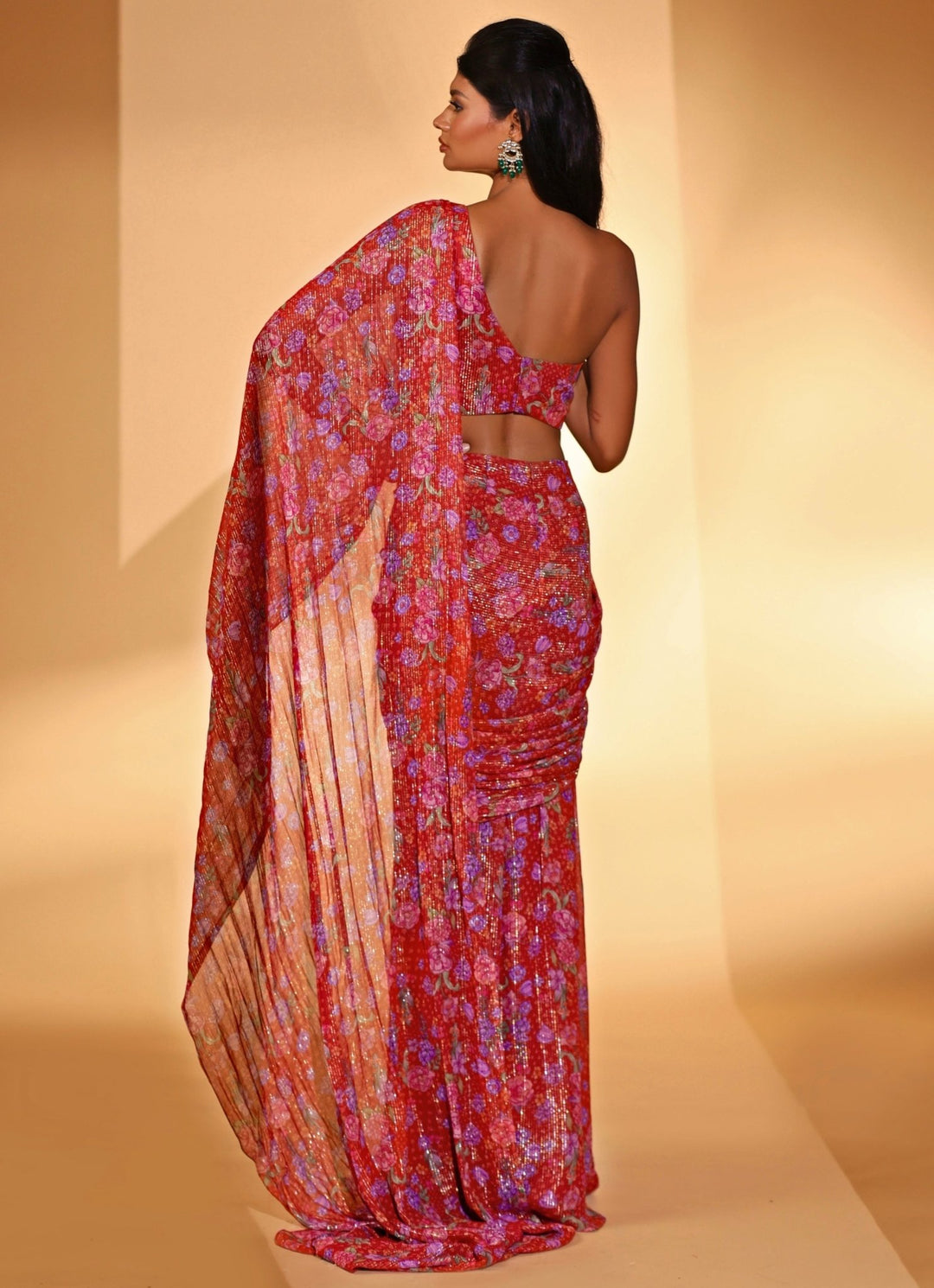 Red Printed Georgette Pre - draped Saree Kiyohra - Fabilicious Fashion