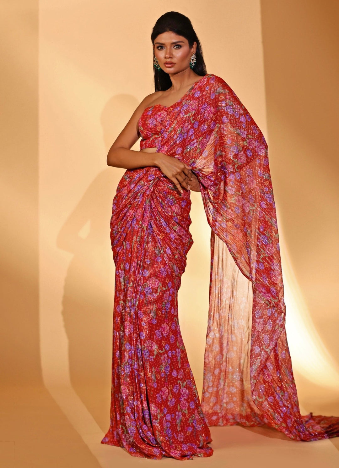 Red Printed Georgette Pre - draped Saree Kiyohra - Fabilicious Fashion