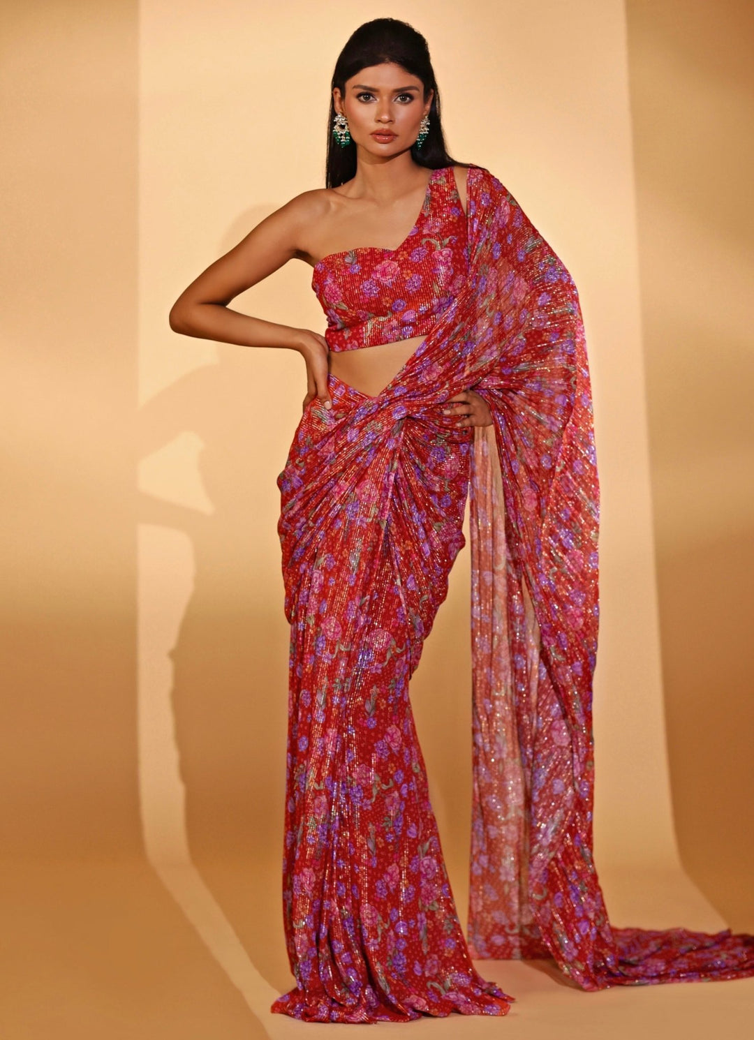 Red Printed Georgette Pre - draped Saree Kiyohra - Fabilicious Fashion