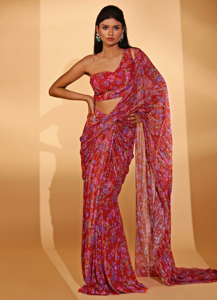 Red Printed Georgette Pre - draped Saree Kiyohra - Fabilicious Fashion