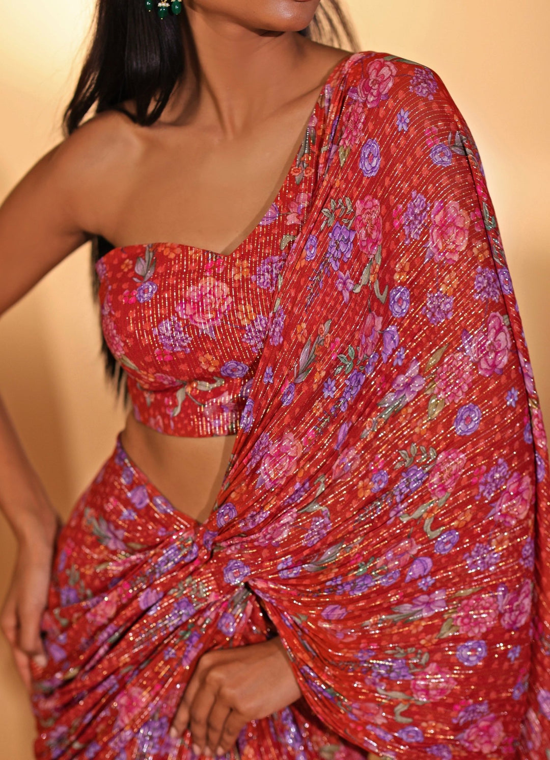Red Printed Georgette Pre - draped Saree Kiyohra - Fabilicious Fashion