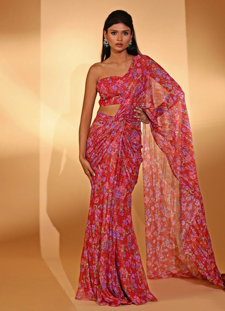 Red Printed Georgette Pre - draped Saree Kiyohra - Fabilicious Fashion