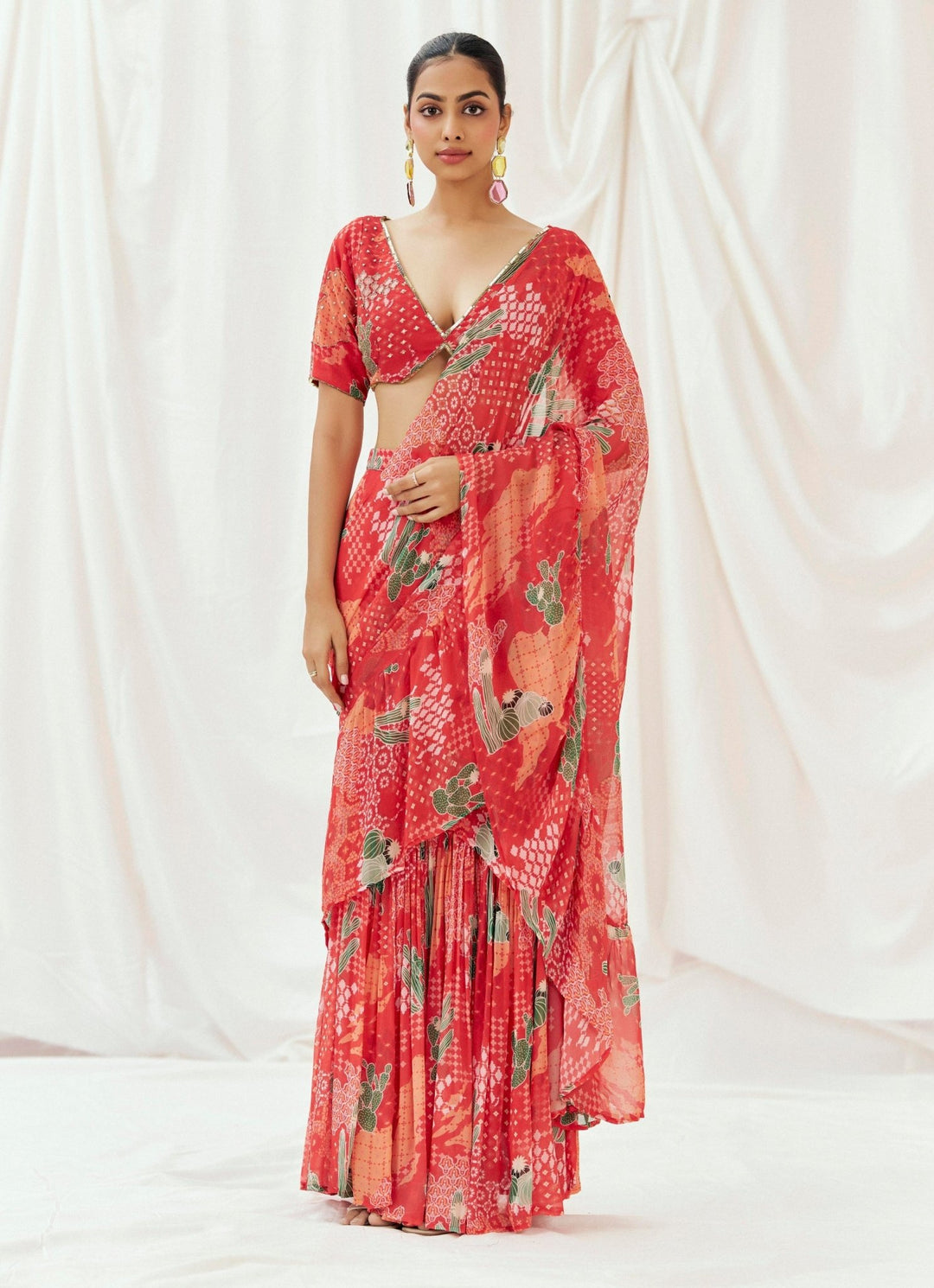 Red Printed Georgette Predraped Saree Redpine - Fabilicious Fashion