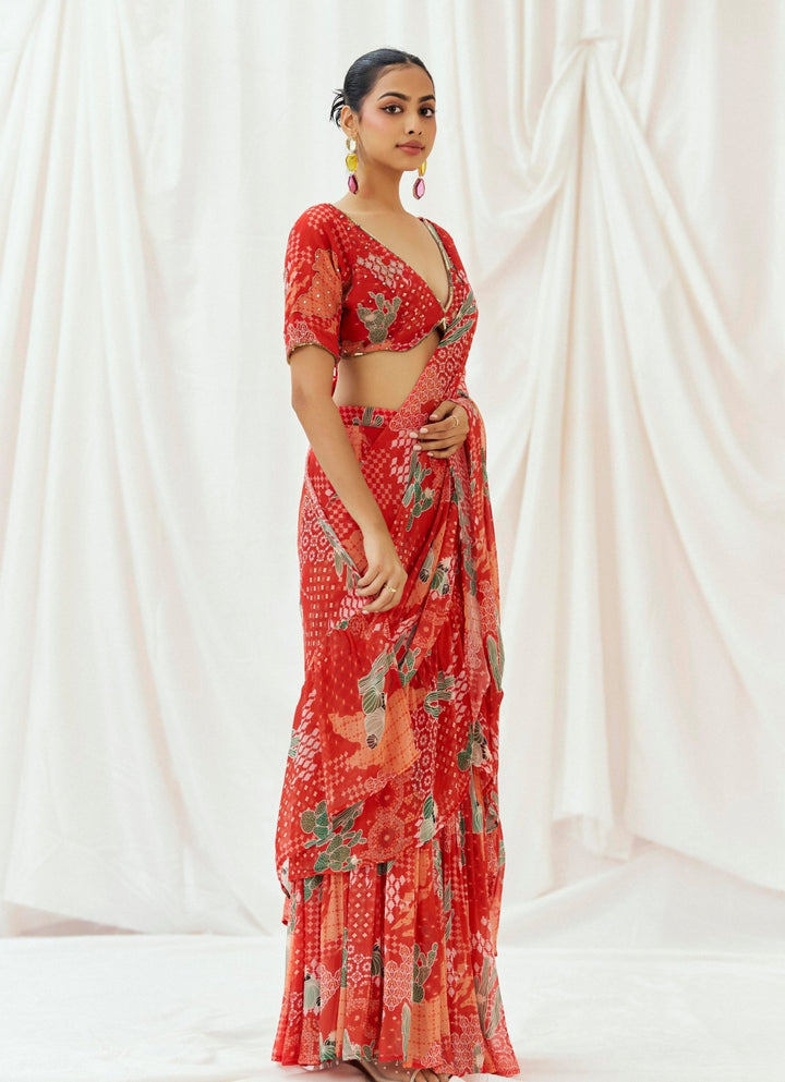 Red Printed Georgette Predraped Saree Redpine - Fabilicious Fashion