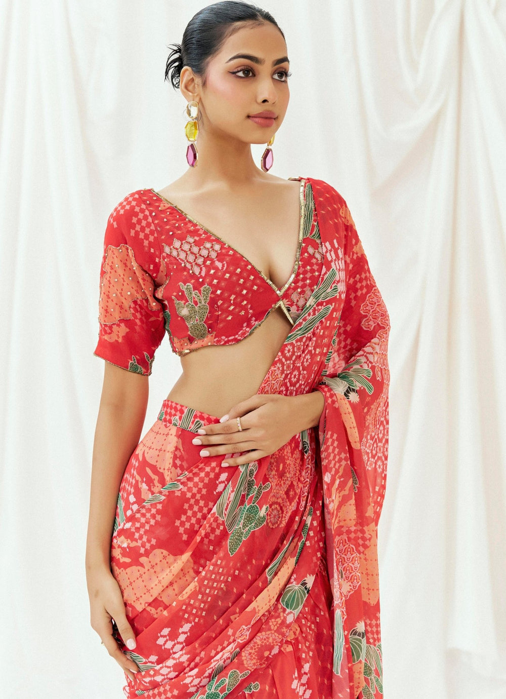 Red Printed Georgette Predraped Saree Redpine - Fabilicious Fashion