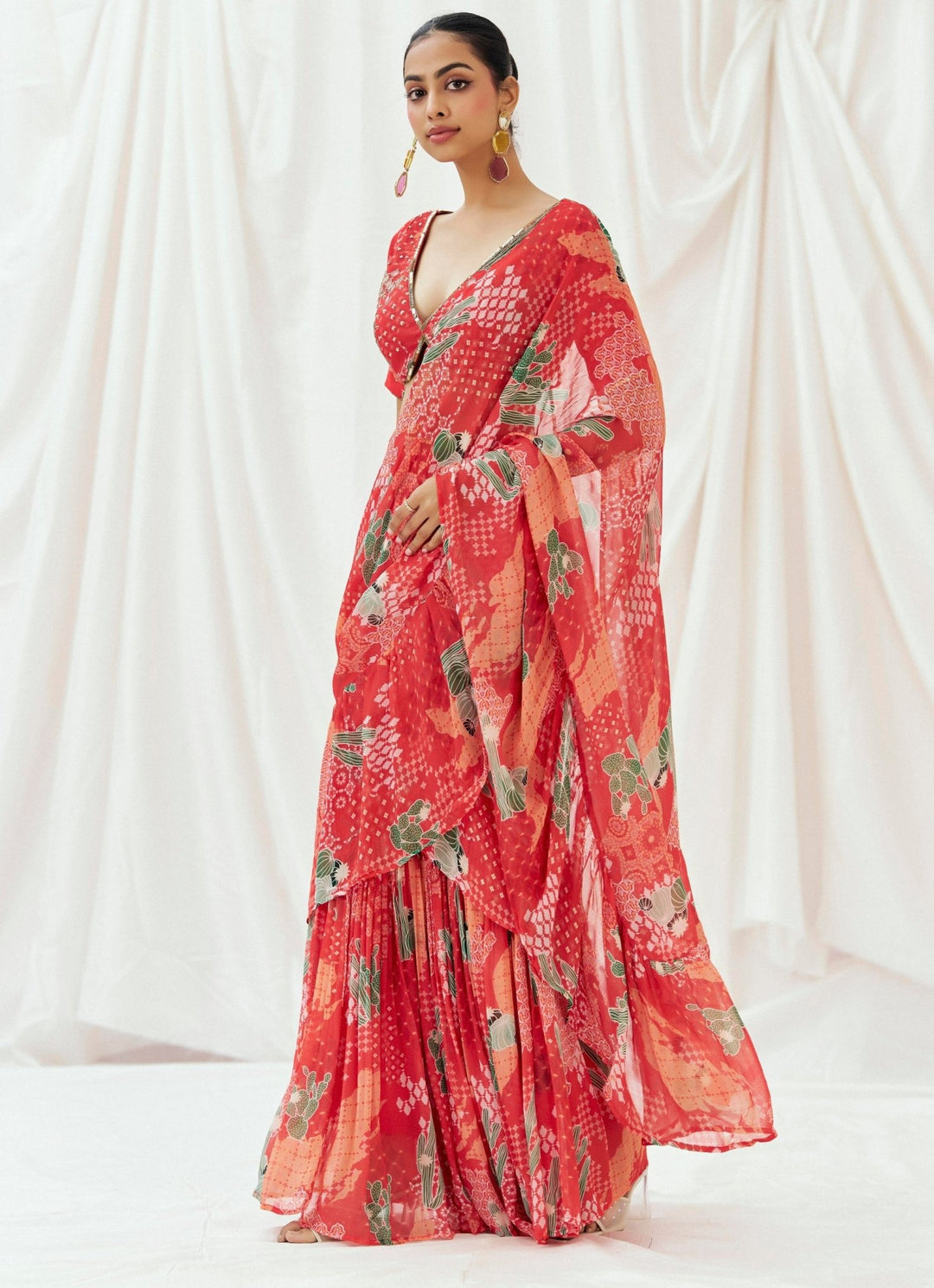 Red Printed Georgette Predraped Saree Redpine - Fabilicious Fashion