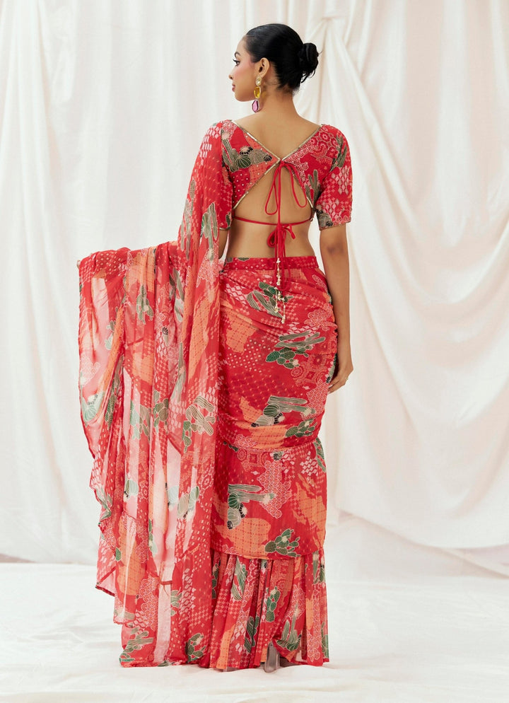 Red Printed Georgette Predraped Saree Redpine - Fabilicious Fashion