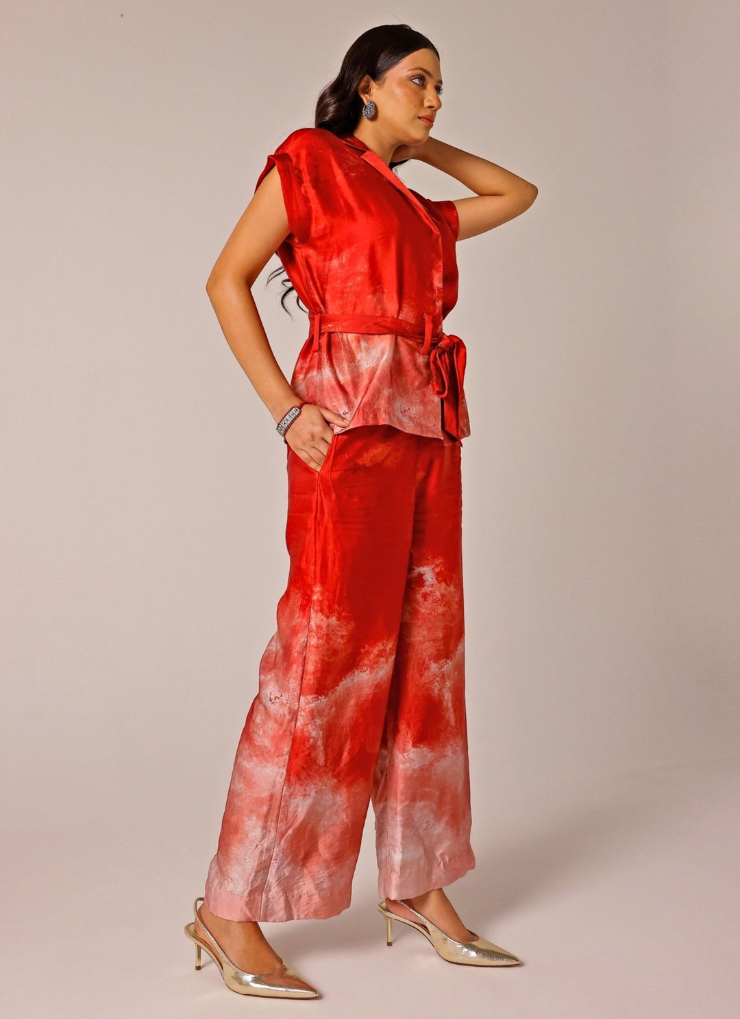 Studio Surbhi Red Printed Linen Satin Co-Ord SetFabilicious Fashion