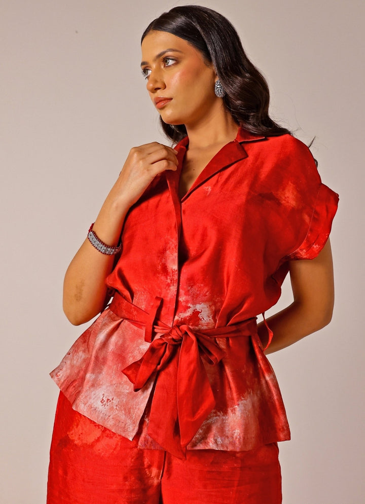 Studio Surbhi Red Printed Linen Satin Co-Ord SetFabilicious Fashion