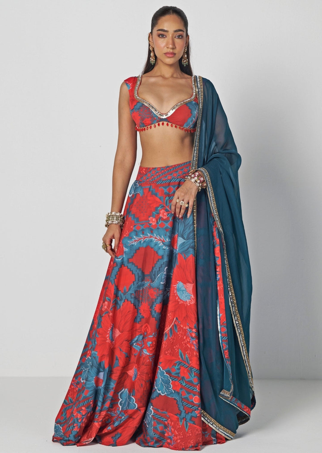 Rishi and Vibhuti Red Printed Organza Boho Lehenga SetFabilicious Fashion