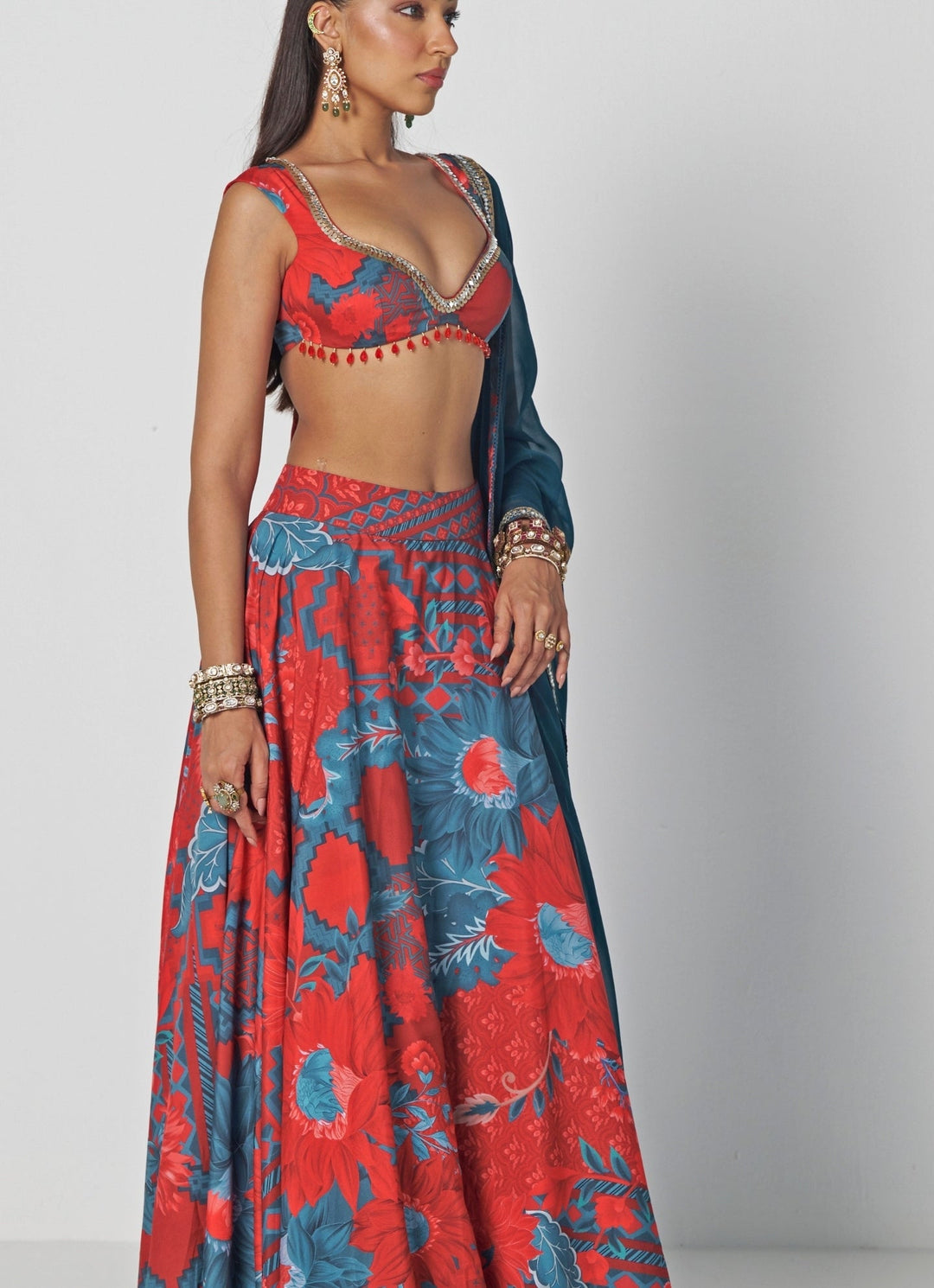 Rishi and Vibhuti Red Printed Organza Boho Lehenga SetFabilicious Fashion