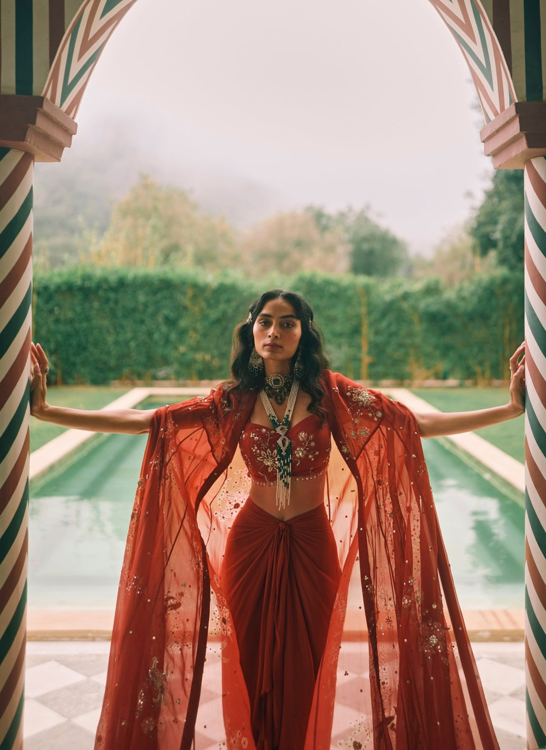 Paulmi and Harsh Red Printed Organza Draped Skirt Set With CapeFabilicious Fashion