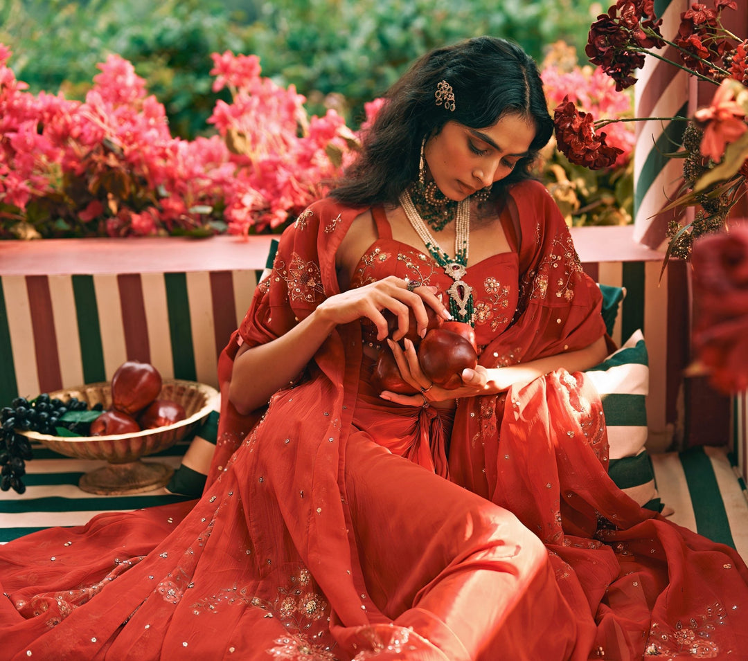 Paulmi and Harsh Red Printed Organza Draped Skirt Set With CapeFabilicious Fashion