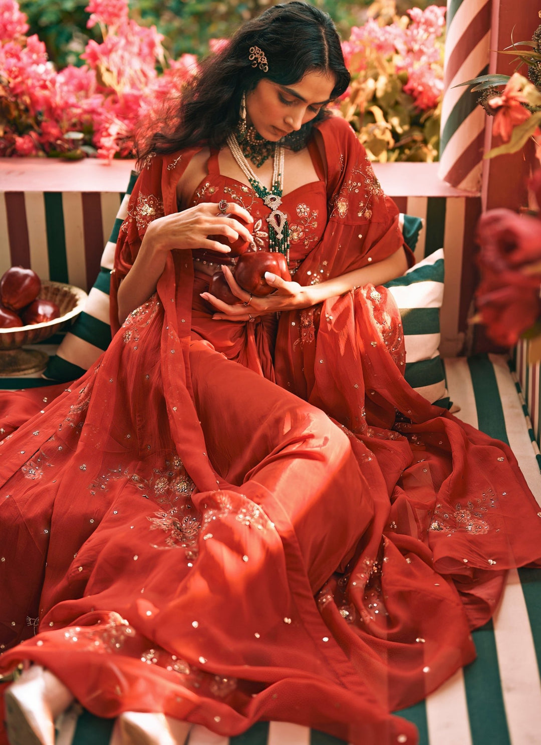 Paulmi and Harsh Red Printed Organza Draped Skirt Set With CapeFabilicious Fashion