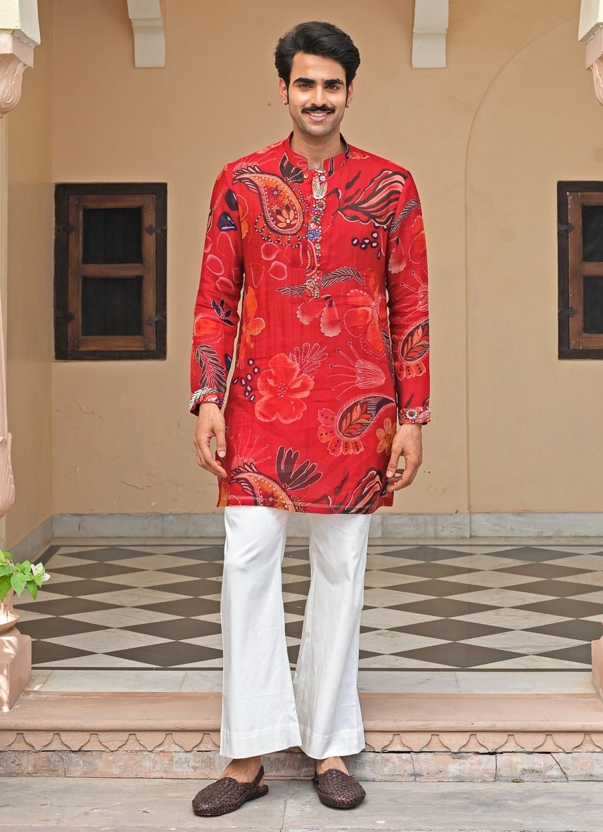 Red Printed Organza Kurta Pants Set Juhi Bengani - Men - Fabilicious Fashion