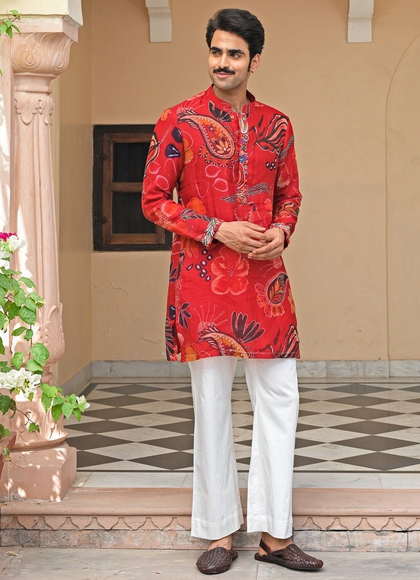 Red Printed Organza Kurta Pants Set Juhi Bengani - Men - Fabilicious Fashion