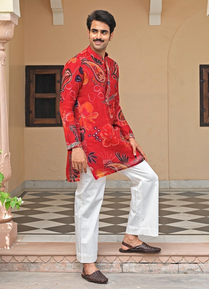 Red Printed Organza Kurta Pants Set Juhi Bengani - Men - Fabilicious Fashion