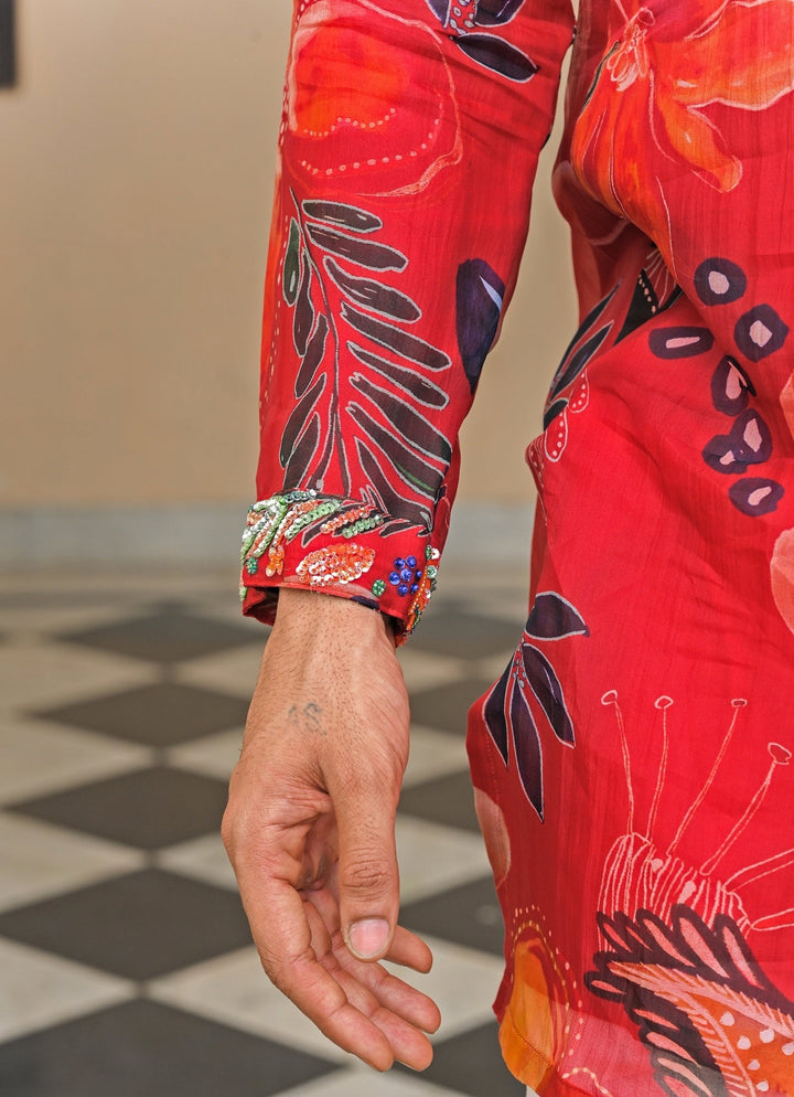 Red Printed Organza Kurta Juhi Bengani - Men - Fabilicious Fashion
