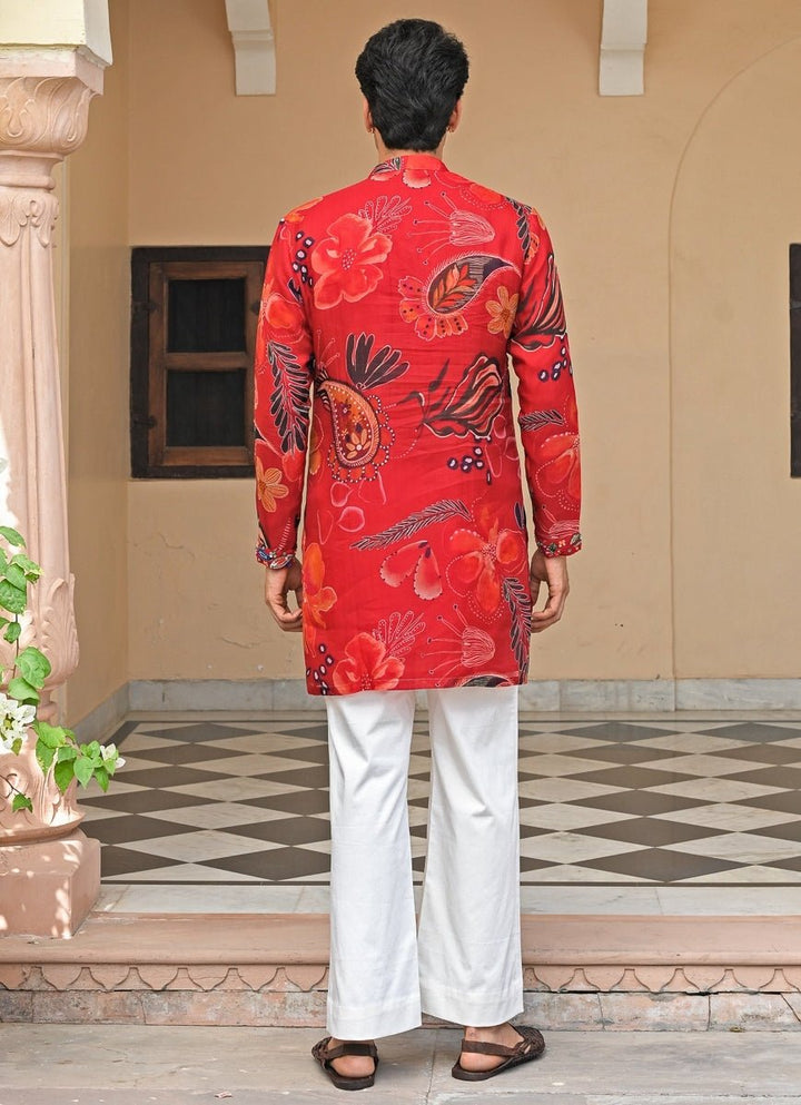 Red Printed Organza Kurta Juhi Bengani - Men - Fabilicious Fashion