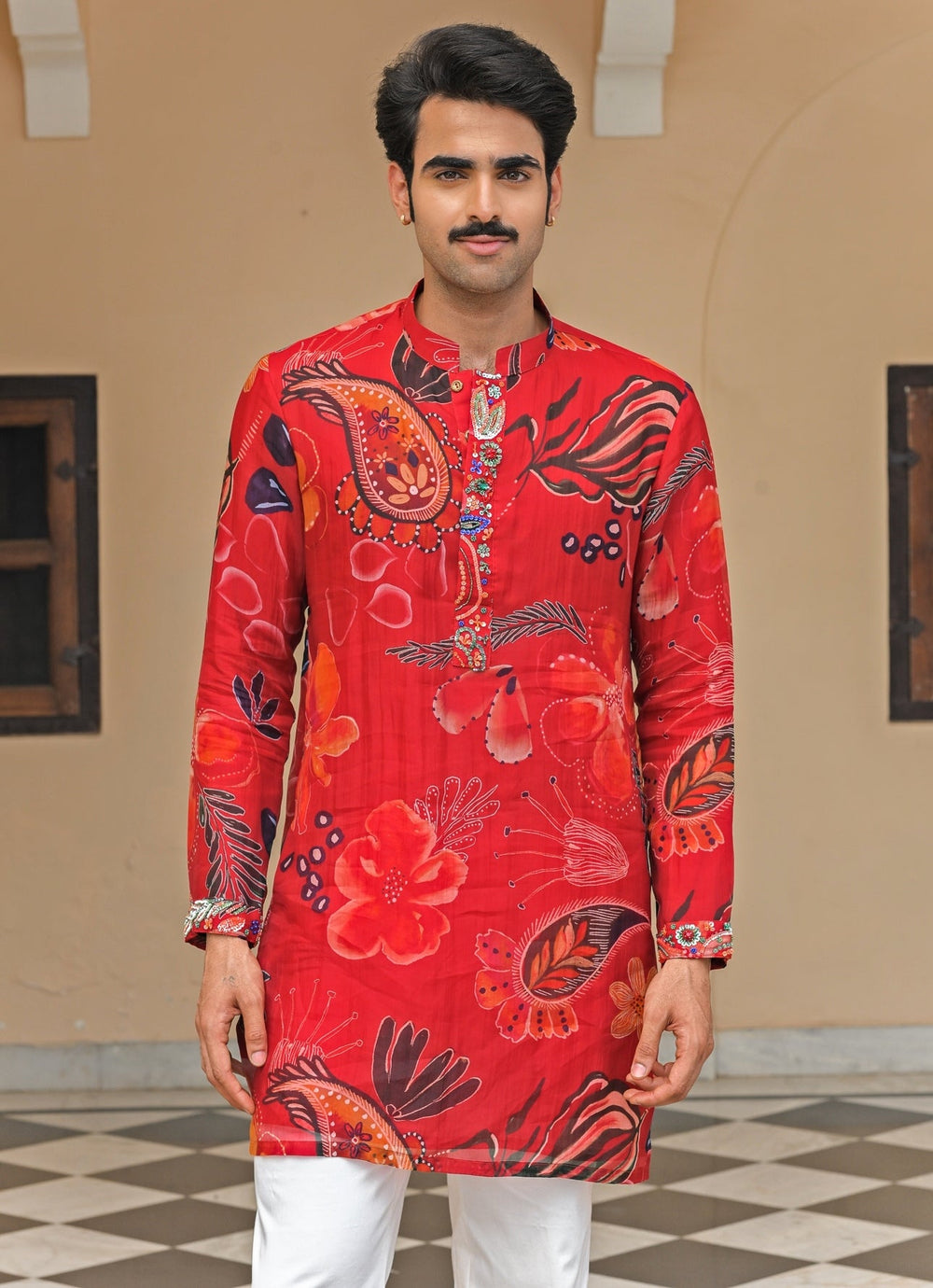 Red Printed Organza Kurta Juhi Bengani - Men - Fabilicious Fashion