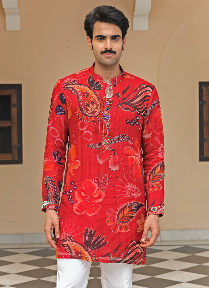 Red Printed Organza Kurta Juhi Bengani - Men - Fabilicious Fashion