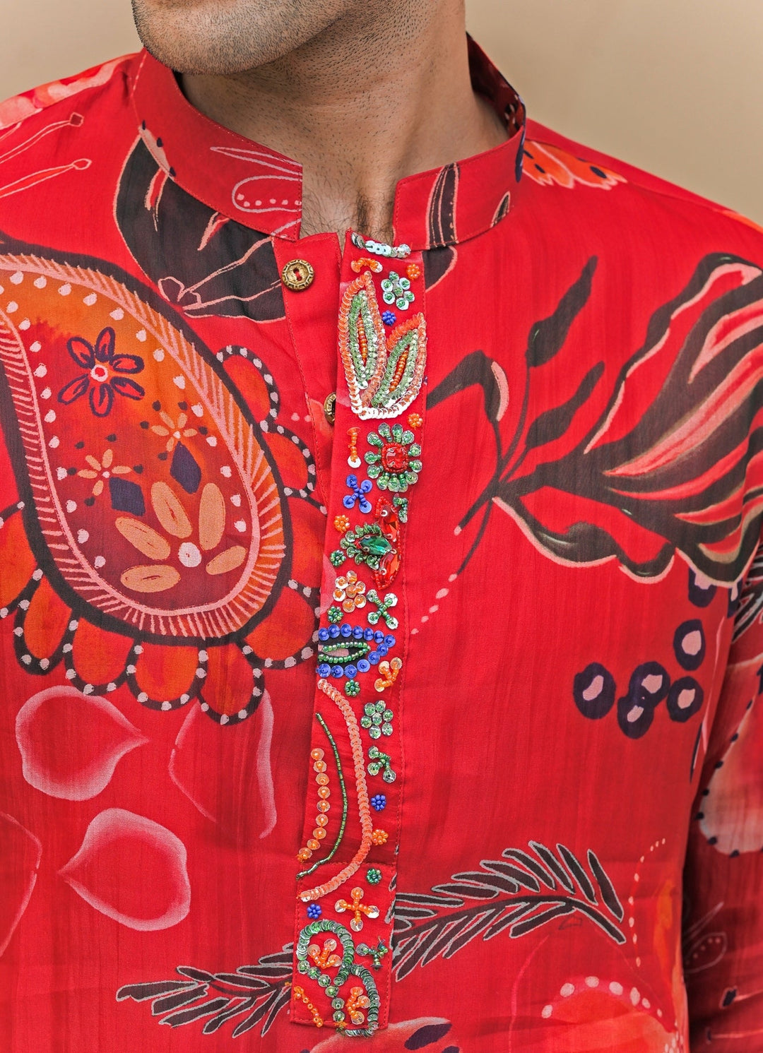 Red Printed Organza Kurta Juhi Bengani - Men - Fabilicious Fashion