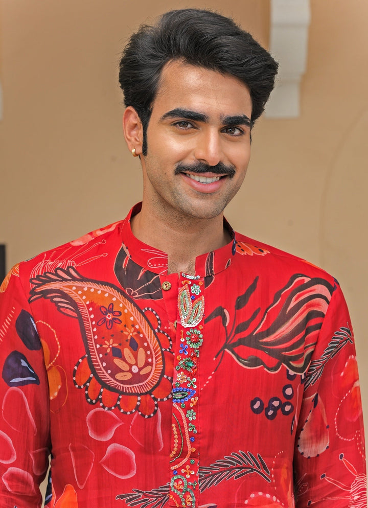 Red Printed Organza Kurta Juhi Bengani - Men - Fabilicious Fashion