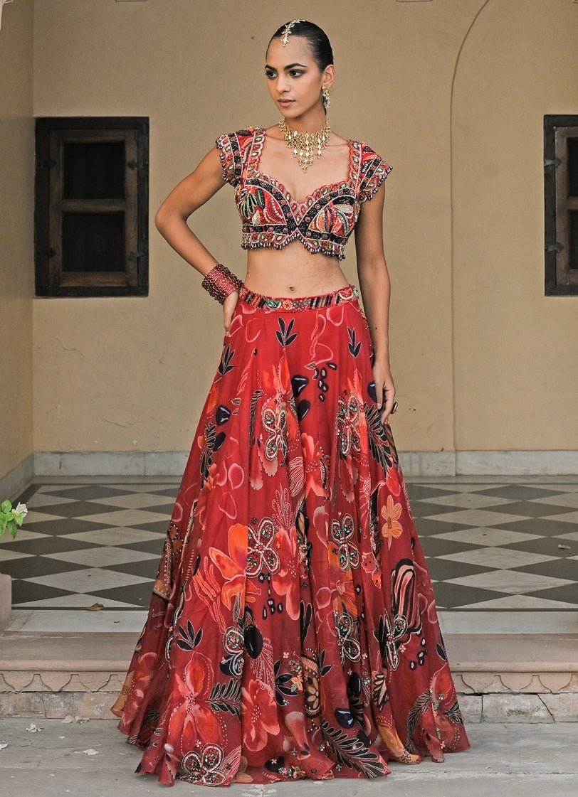 Red Printed Organza Lehenga Set With Shaded Dupatta Juhi Bengani - Fabilicious Fashion