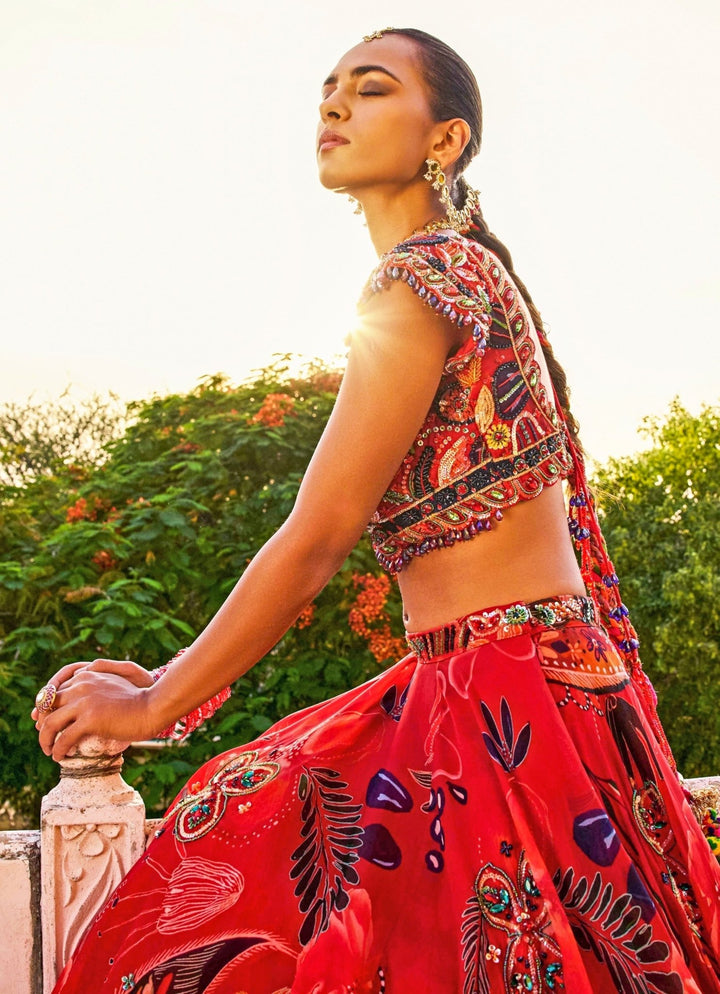 Juhi Bengani Red Printed Organza Lehenga Set With Shaded DupattaFabilicious Fashion