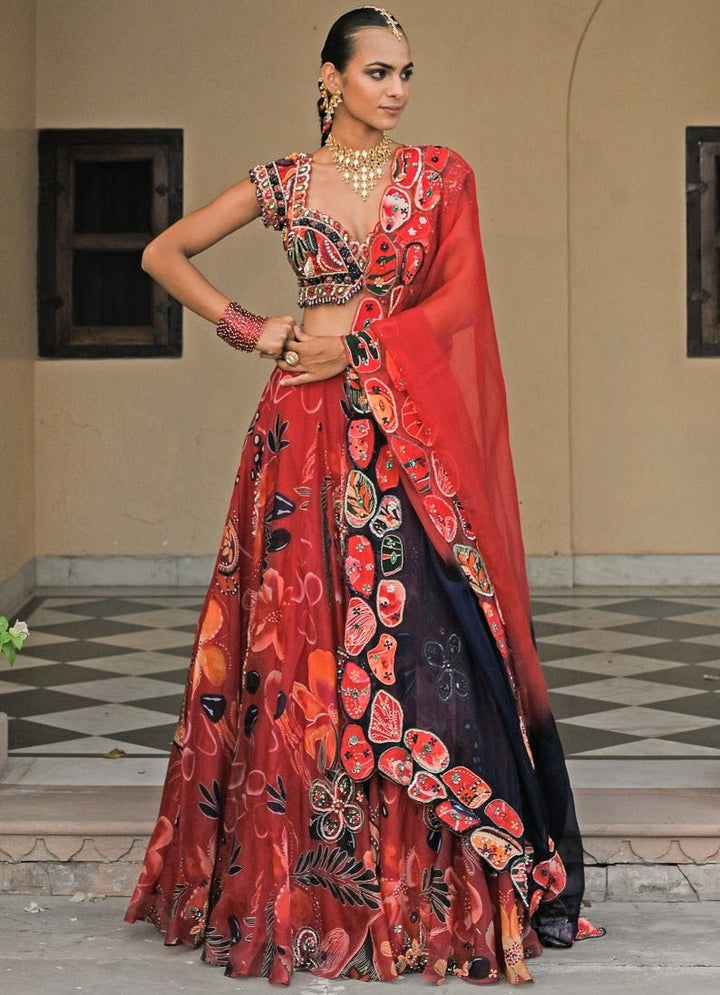 Juhi Bengani Red Printed Organza Lehenga Set With Shaded DupattaFabilicious Fashion