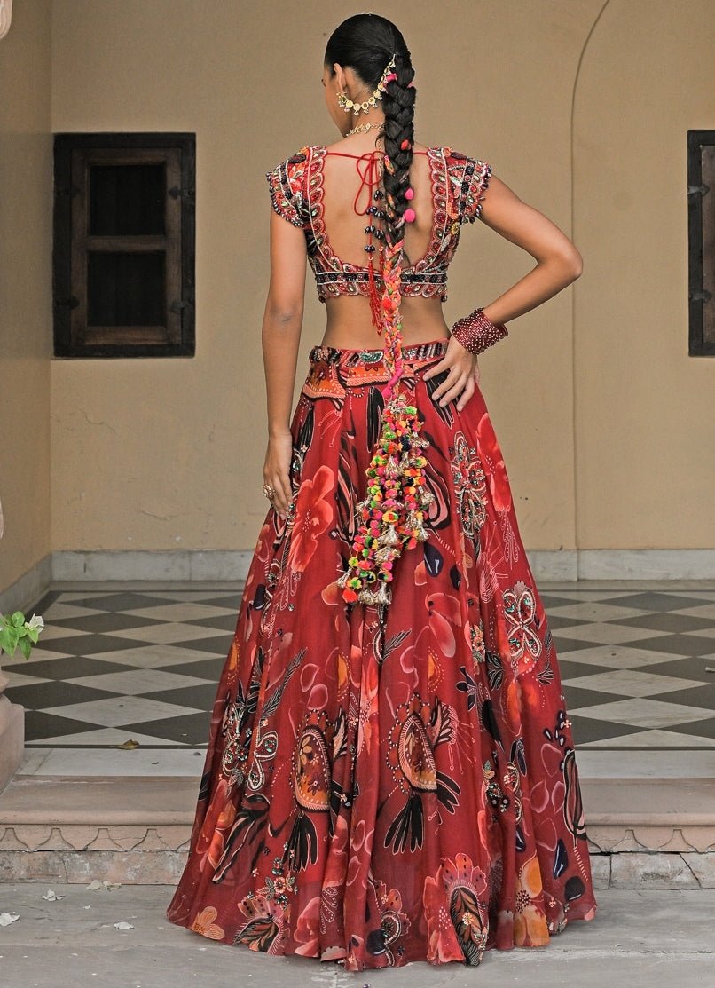 Juhi Bengani Red Printed Organza Lehenga Set With Shaded DupattaFabilicious Fashion