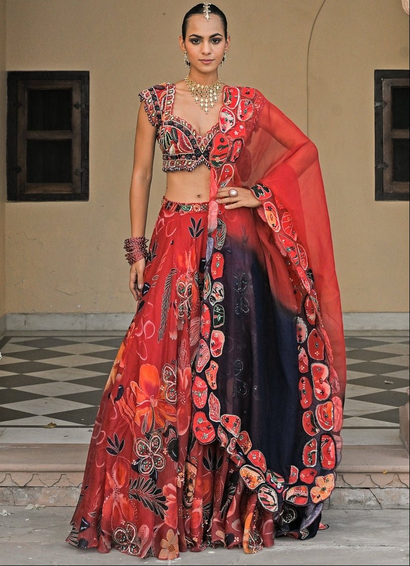 Red Printed Organza Lehenga Set With Shaded Dupatta Juhi Bengani - Fabilicious Fashion