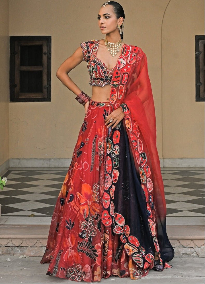 Juhi Bengani Red Printed Organza Lehenga Set With Shaded DupattaFabilicious Fashion