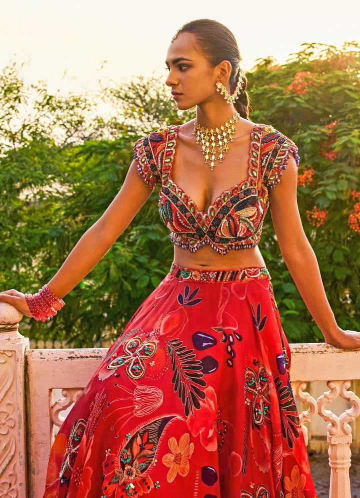Juhi Bengani Red Printed Organza Lehenga Set With Shaded DupattaFabilicious Fashion