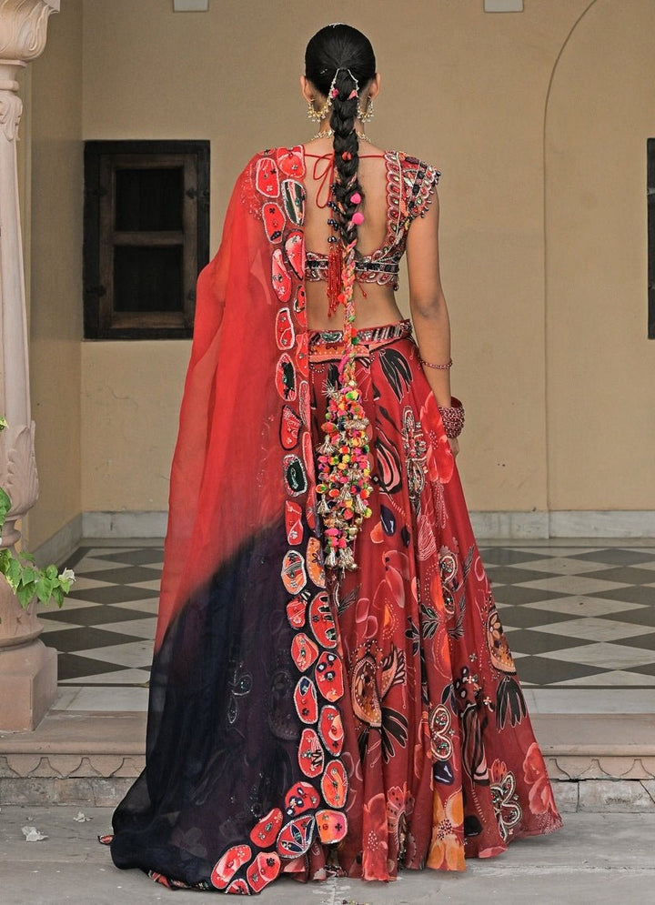 Juhi Bengani Red Printed Organza Lehenga Set With Shaded DupattaFabilicious Fashion