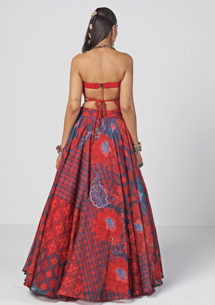 Rishi and Vibhuti Red Printed Organza Lehenga With CorsetFabilicious Fashion