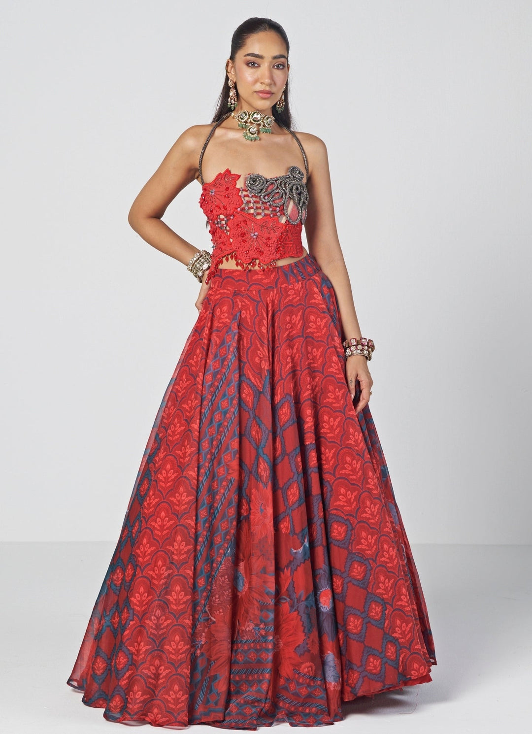 Rishi and Vibhuti Red Printed Organza Lehenga With CorsetFabilicious Fashion