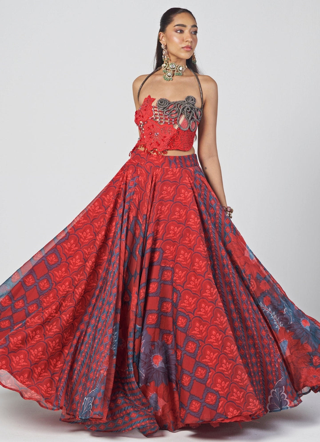 Rishi and Vibhuti Red Printed Organza Lehenga With CorsetFabilicious Fashion