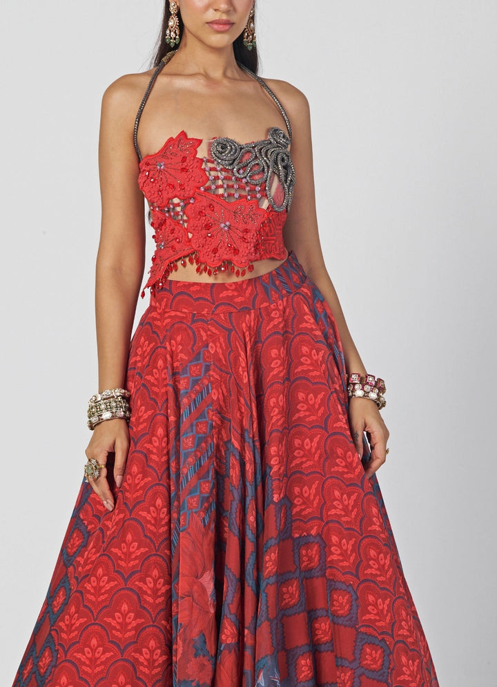 Rishi and Vibhuti Red Printed Organza Lehenga With CorsetFabilicious Fashion