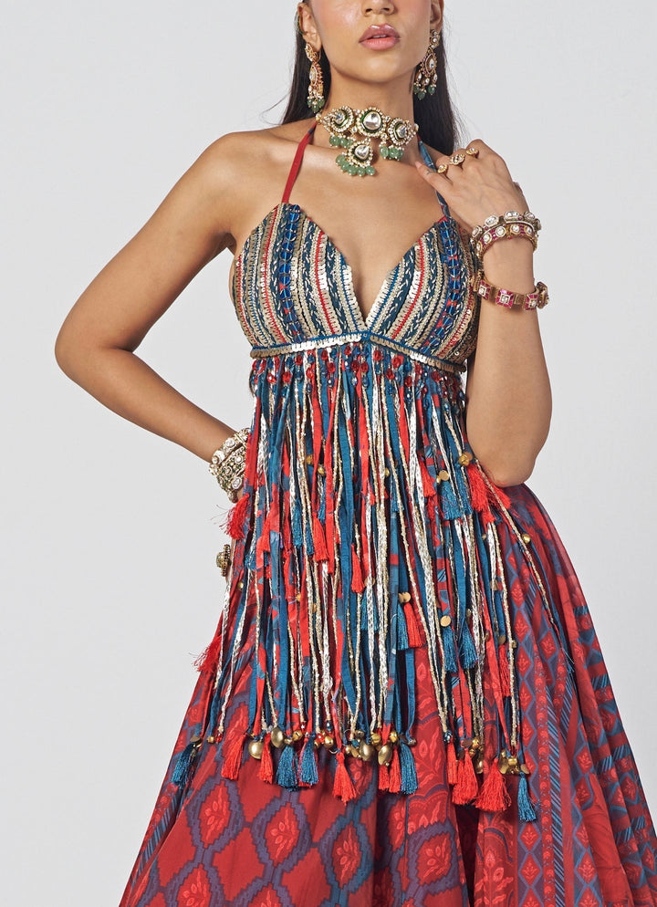 Rishi and Vibhuti Red Printed Organza Lehenga With Tasselled BraletteFabilicious Fashion
