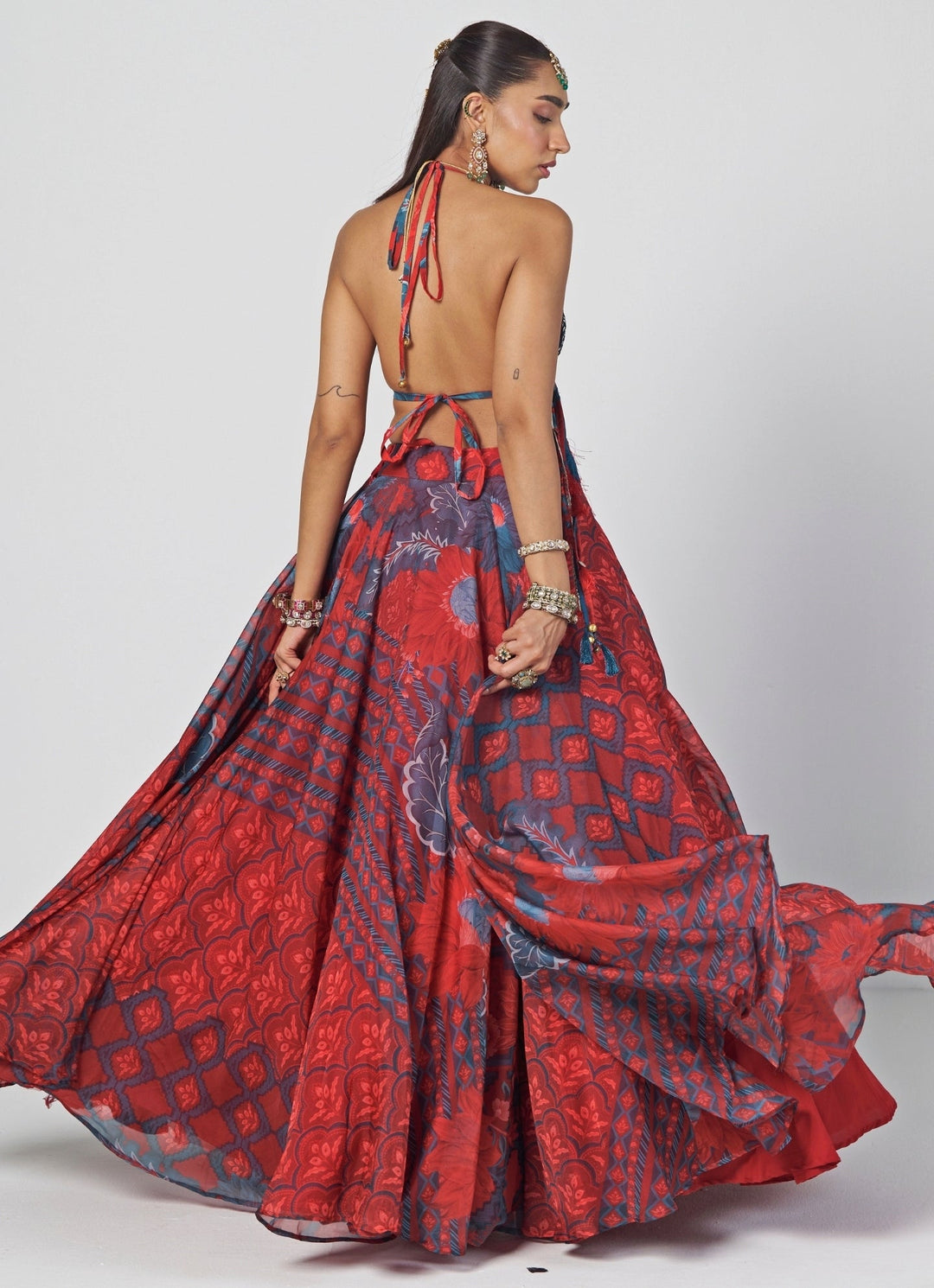 Rishi and Vibhuti Red Printed Organza Lehenga With Tasselled BraletteFabilicious Fashion