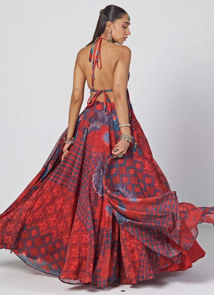 Rishi and Vibhuti Red Printed Organza Lehenga With Tasselled BraletteFabilicious Fashion