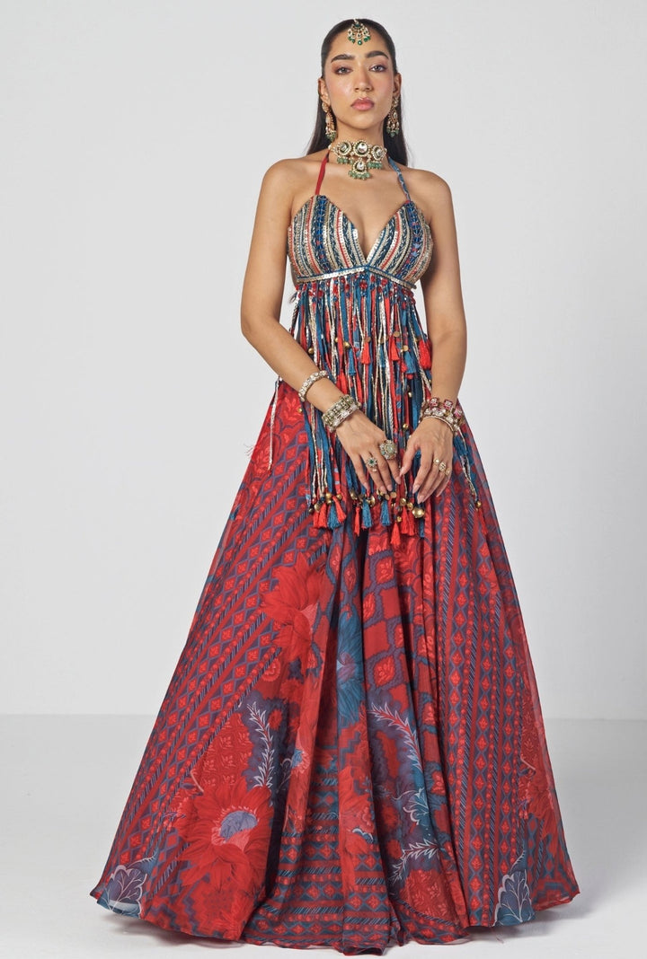 Rishi and Vibhuti Red Printed Organza Lehenga With Tasselled BraletteFabilicious Fashion