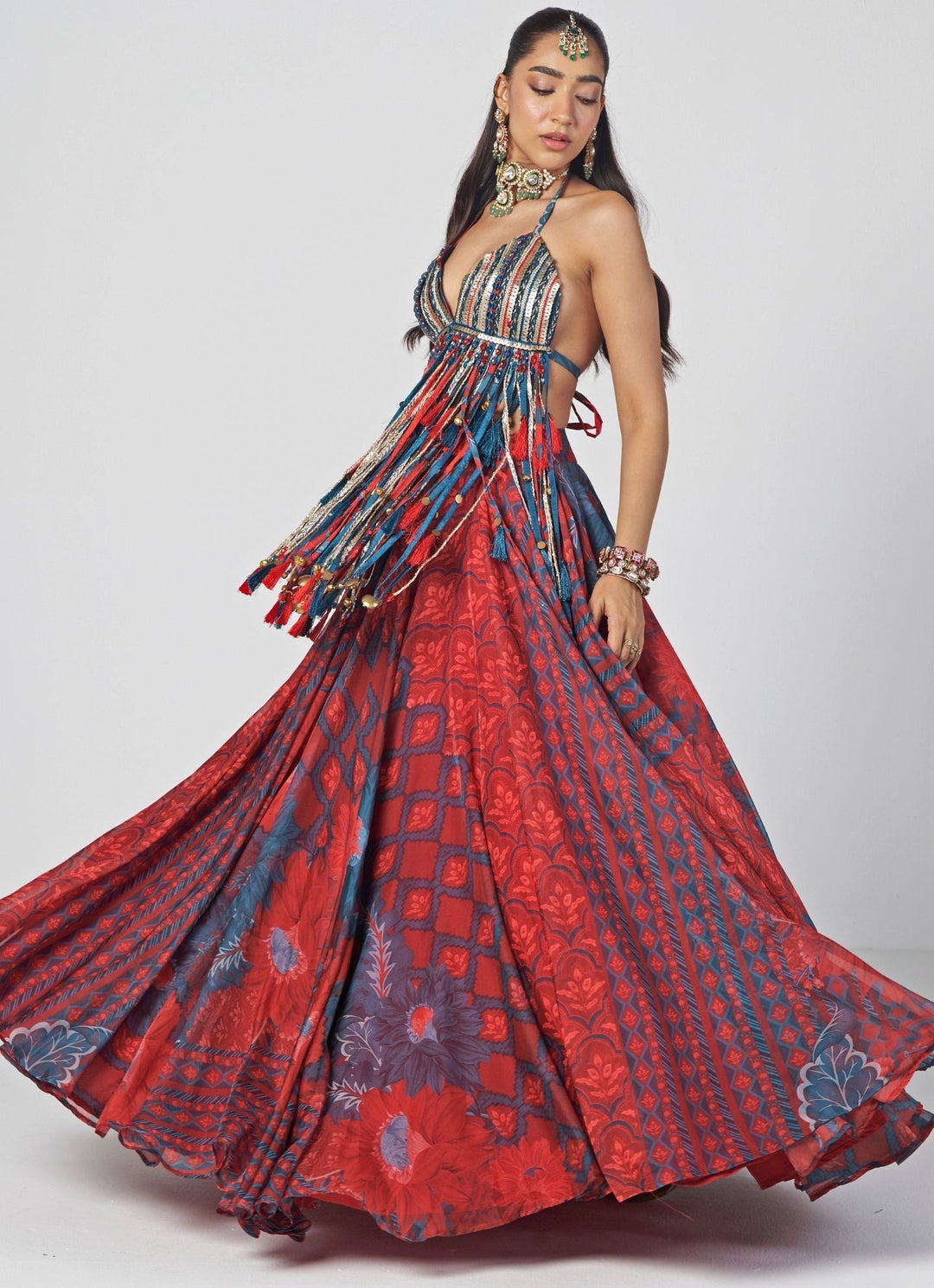 Rishi and Vibhuti Red Printed Organza Lehenga With Tasselled BraletteFabilicious Fashion