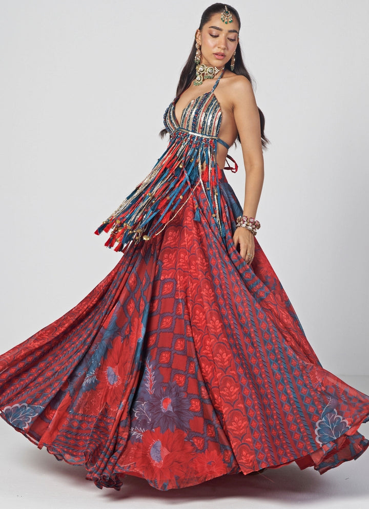 Rishi and Vibhuti Red Printed Organza Lehenga With Tasselled BraletteFabilicious Fashion