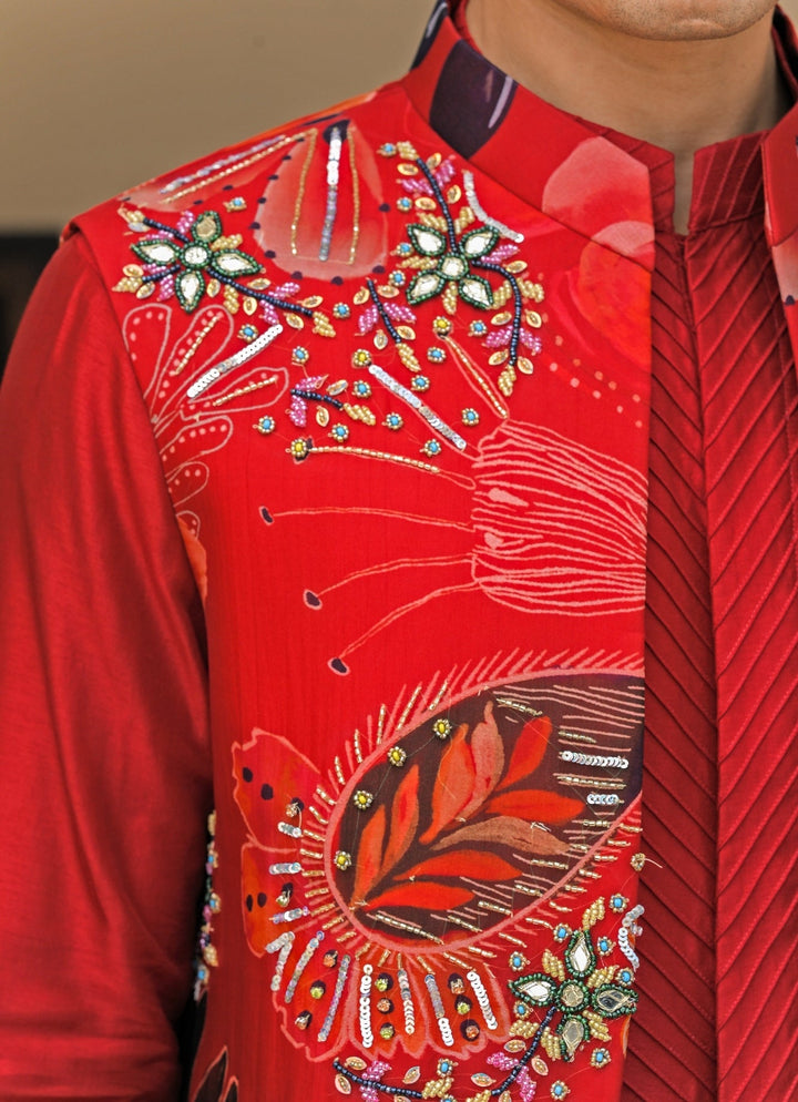 Red Printed Organza Mirrorwork Bundi Juhi Bengani - Men - Fabilicious Fashion