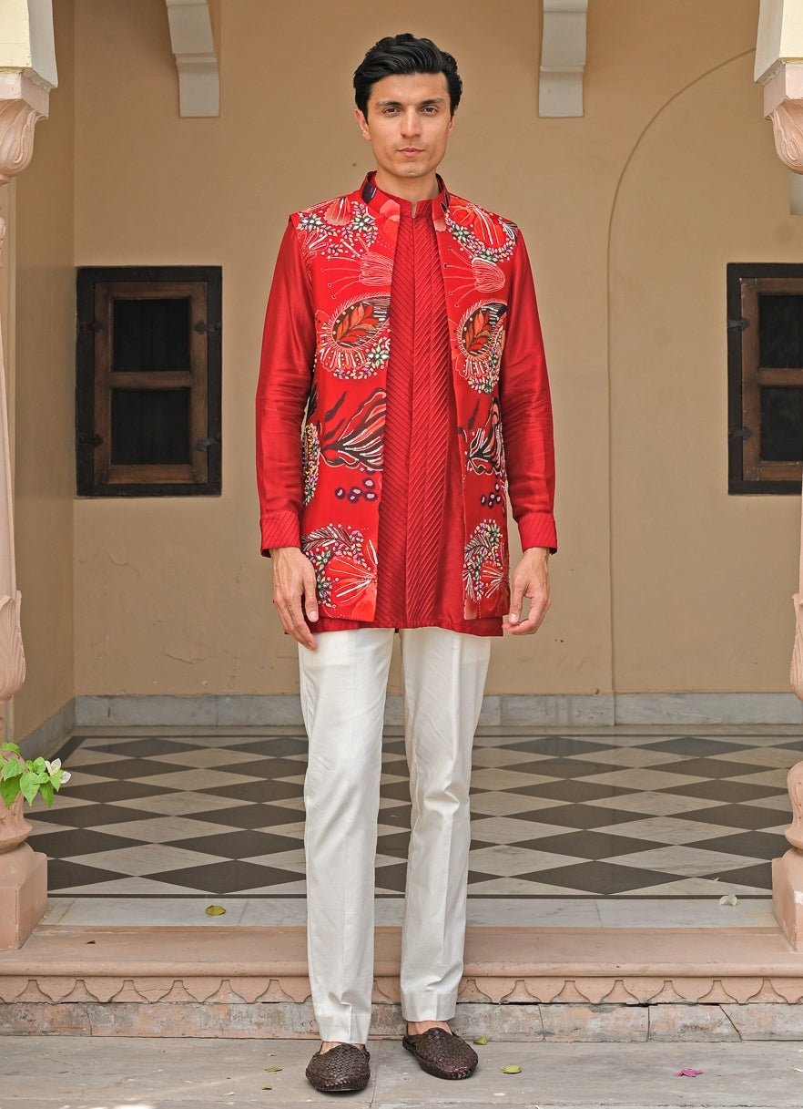 Red Printed Organza Mirrorwork Bundi Juhi Bengani - Men - Fabilicious Fashion