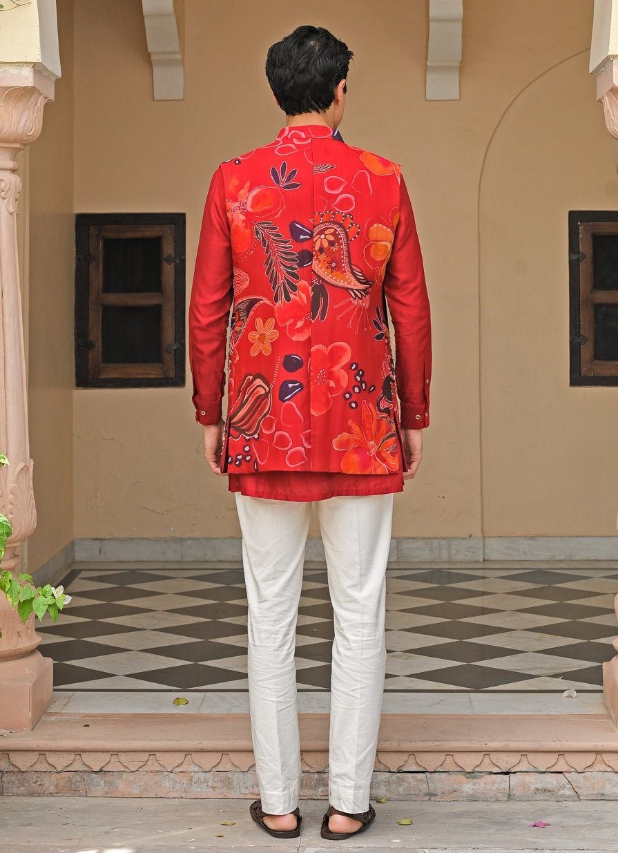 Red Printed Organza Mirrorwork Bundi Juhi Bengani - Men - Fabilicious Fashion