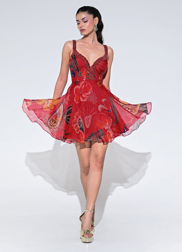 Red Printed Organza Short Dress Juhi Bengani - Fabilicious Fashion