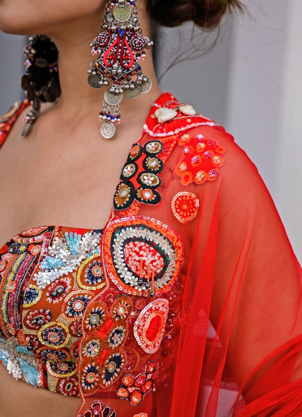 Red Printed Satin Lehenga Set With Sequin - Embroidered Blouse Juhi Bengani - Fabilicious Fashion